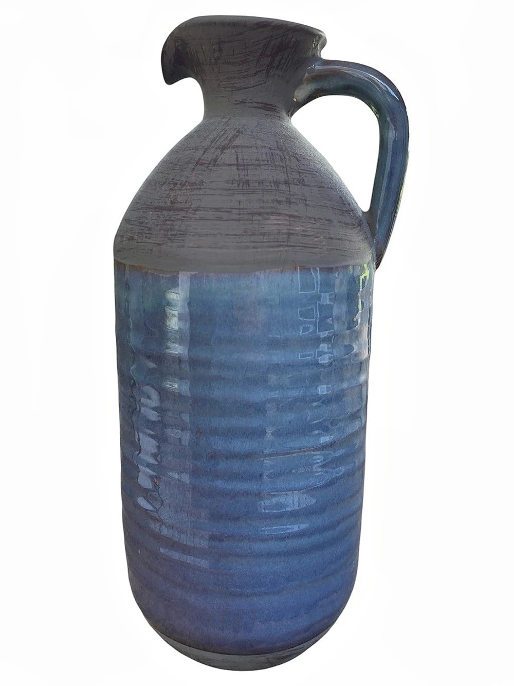 Large HomeSense Ribbed Blue, Purple & Gray Ceramic Pitcher Vase